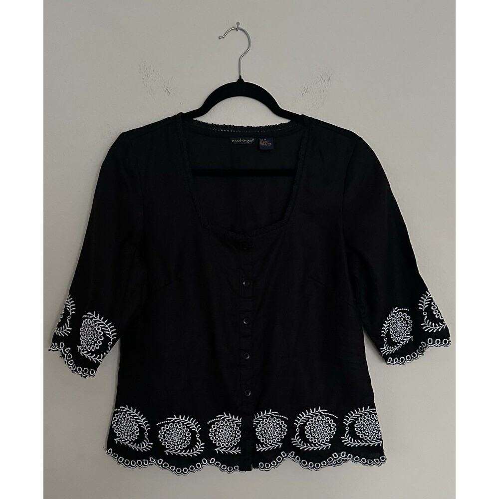 Ecologie Black 100% Linen Blouse, Size M, with White Embroidery and 3/4 Sleeve - Picture 4 of 13